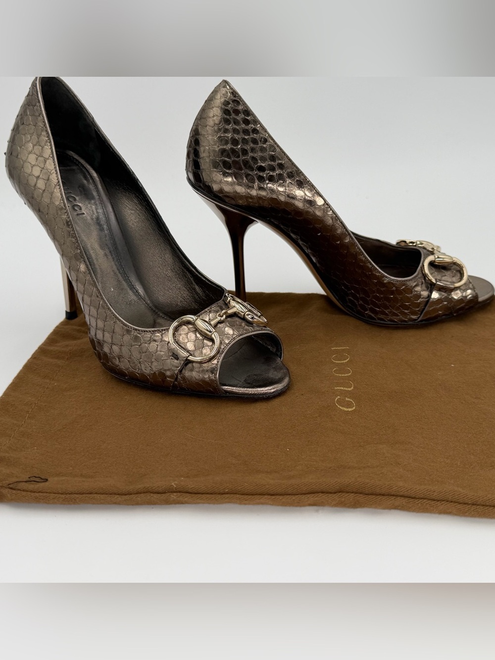 Gucci Exotic Bronze Snake Skin Peep-Toe Horsebit Heels Stunning!